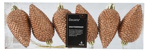 Kaemingk Christbaumschmuck Zapfen 8cm Kunststoff 6 Stück - bruchsicher & mit Glitzer - Christbaumkugeln Weihnachtsbaumkugeln - Weihnachtsbaumschmuck - Brandy