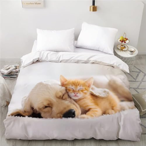 Generisch Bettwäsche 140x200 Katze und Hund Bettwäsche-Sets 3D Prin-Kinderbettwäsche 140x200 cm – Mikrofaser-1Bettbezug + 1 Kissen 70x90, für Mädchen Jungen weich & pflegeleicht