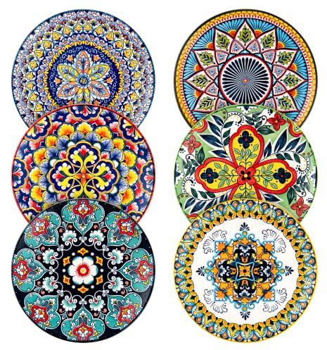 HENXFEN LEAD Dessert Plates, Porcelain, 15 cm Cake Plates, Small Plates, Set of 6, Colourful Round Plate Set for Desserts, Cakes and Fruit, Bohemian Style
