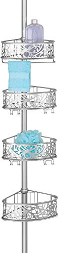 mDesign Shower Caddy für die Ecke aus Metall – ausziehbares Duschregal ohne Bohren fürs Bad – stilvolle Duschablage für Shampoo, Conditioner etc. – mit floralem Muster – silber