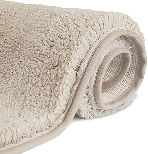 FCSDETAIL rutschfeste, Hochflor Badteppiche 80X150 cm, Maschinenwaschbare Badematte, Badvorleger mit Wasserabsorbierenden, Weichen Mikrofasern für Badewanne, Dusche und Badezimmer (Beige)