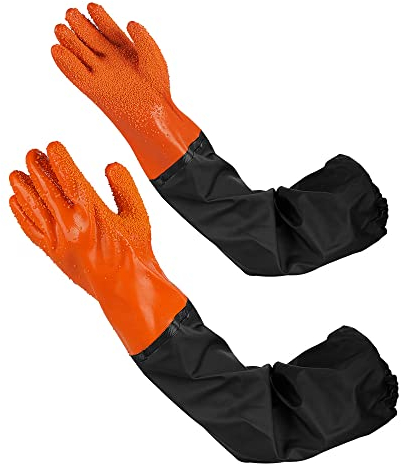 VETIN Gummihandschuhe Lang Wasserdicht, Arbeitshandschuhe Wasserdichte 68cm, Teichhandschuhe Lang Wasserdicht, Wasserdichte Handschuhe PU (Orange Farbe)
