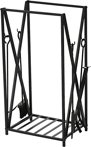 HOMCOM Scaffale Portalegna da Interno ed Esterno in Acciaio 4 Attrezzi, Porta Legna per Camino con Attizzatoio, Paletta, Scopino e Pinza, 46x30x76cm, Nero