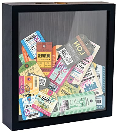 FramePro Bilderrahmen für Ticket Shadow Box 3D Rahmen zum Befüllen Tiefer Aufbewahrungsboxen Glasscheibe Holz Objektrahmen DIY Vitrine Muscheln Flugtickets Fotorahmen Memorabilia Schwarz 20 x 20 cm