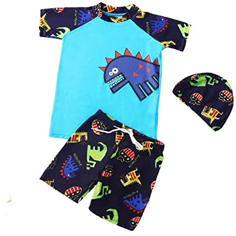 FedMois Maillot de Bain Bébé Garçon 3 pièces Combinaison Anti UV T-Shirt + Shorts + Bonnet de Bain, Dinosaures Bleu, 1-2 Ans