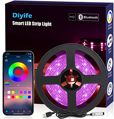 Diyife LED Strip [App & Button Steuerung], 3M RGB LED Streifen Bluetooth-Verbindung, USB-Schnittstelle Flexibel Lichterkette Band, Timer/Musik/Sprachsynchronisation Farbe Ändern DIY Computer, Autos