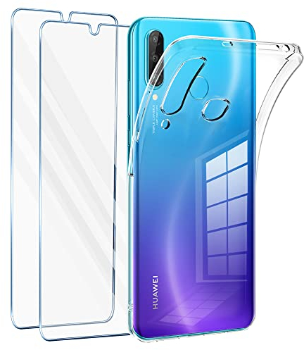 Vauki Funda para Huawei P30 Lite/Nova 4e con 2 Protector de Pantalla,Carcasa Silicona Transparente Suave y Cristal Templado,Ultra Fina TPU Antigolpes Case Cover para Huawei P30 Lite 6.15