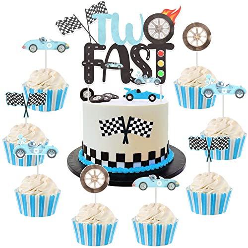 JOYMEMO 25 Pcs Zwei Schnelle Kuchendekorationen Für Jungen - Rennwagen 2. Geburtstag Kuchen Topper Mit Cupcake Toppers Doppelseitig, Let's Go Racing Checkered Flag 2 Jahre Alt Party Supplies