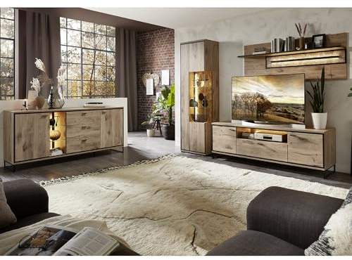Wohnmöbel Set Wohnwand braun 4-teilig Modern, 1 Vitrine, 1 Sideboard, 1 Lowboard, 1 Wandboard