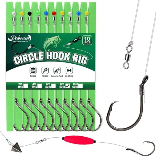 Dovesun 10 Stück Circle Hooks Rigs Angelhaken mit Vorfach Angelhaken Set Hakenlöser Angeln Wels-Rig für Salzwasser Süßwasser Forellenhaken 8/0