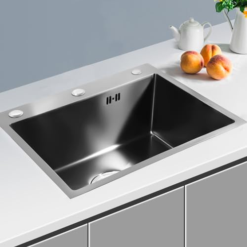 Fregadero de cocina negro, de acero inoxidable, empotrable, de acero inoxidable, rectangular, moderno de acero inoxidable con dispensador de jabón, fregadero pequeño empotrable de 40 x 45 cm