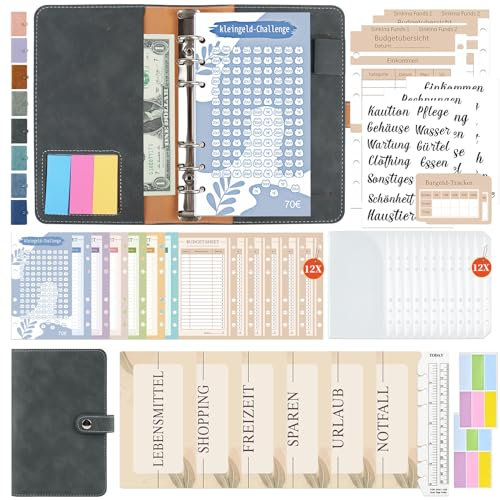 Budget Planner Deutsch, Giantzhong A6 PU Leder Binder - Sparchallenge Startset, Geldumschläge Umschlagmethode - Cash Stuffing (dunkelgrau)