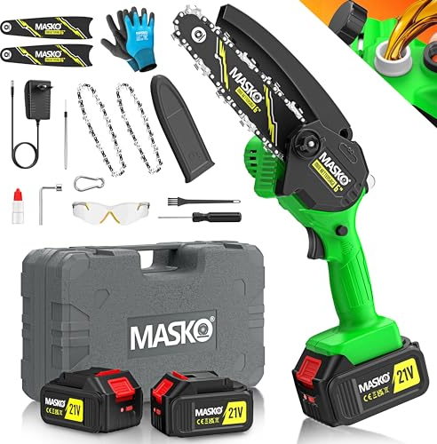 MASKO® Mini tronçonneuse 800 W, 6 pouces, batterie 8000 mAh, tronçonneuse électrique, avec système d'huile automatique, tronçonneuse manuelle pour les coupes de branches et le travail du bois, avec