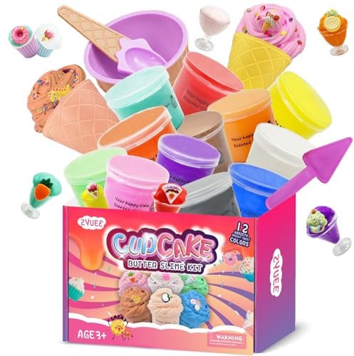 Butter Slime Kit 12 Pack, DIY Fluffy Slime Toys with Ice Cream Accessories Sets, Cute cup, Mini Charms, Super Soft and Non-Sticky, Stress Relief Toy for Girls and Boys