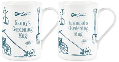 Purely Home Nanny & Grandads Gardening Mug Set - Vintage Garden Tea/Coffee Bone China Cups Set of 2 - Present/Gifts for Grandparents