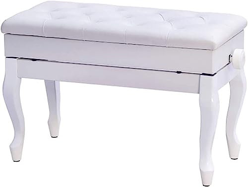 Klavierhocker, Frisiertischhocker, Duet-Klavierhocker, Deluxe-Klavierbank, Notenfach-Design, ausgestattet mit Beinen aus Massivholz und gepolstertem Lederkissen, höhenverstellbar (Farbe: Weiß)