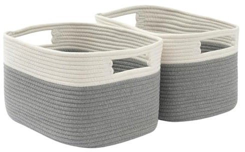 Woodluv Woven Storage Baskets Set of 2, Cotton Rope Basket for Shelves Closet, Shelf Baskets for Books Toys, Towels, for Home Bathroom Decor, 37.5x25x22.5cm, Grey