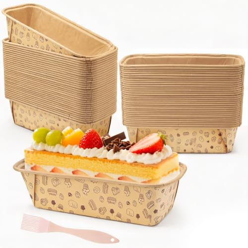 Furuising 60 Stk Mittel Kastenformen aus Papier mit Aufdruck 15.5x5.4x5.3cm | Kastenform Kuchen, Rechteckig Papierbackform Brotbackform mit Pinsel für Kuchen Brot Muffins Desser