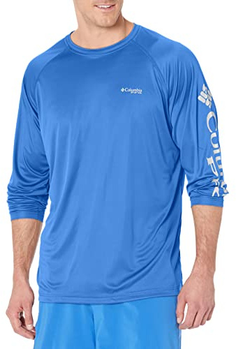 Columbia Men's Terminal Tackle Long Sleeve Fishing Shirt, Vivid Blue/Cool Grey Logo, 2X