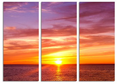 Paul Sinus Art 130x90cm – Keilrahmenbild untergehende Sonne Meer rot-golden 3teiliges Wandbild auf Leinwand und Keilrahmen - Fotobild Kunstdruck Artprint