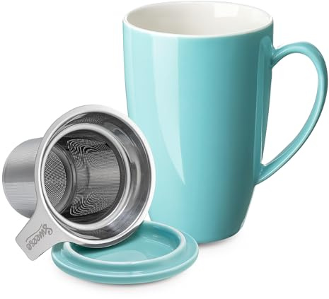 Sweese 15oz Porcelain Tea Mug with Infuser and Lid – Microwave Safe, Ergonomic Handle, Lead-Free Glaze, for Loose Leaf Tea