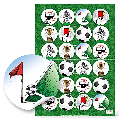 Logbuch-Verlag 24 Fußball Sticker Ø 4 cm Aufkleber mit Fußball-Motiven Tor Ball Pokal Etikettel für Kinder Junge Geburtstag Deko