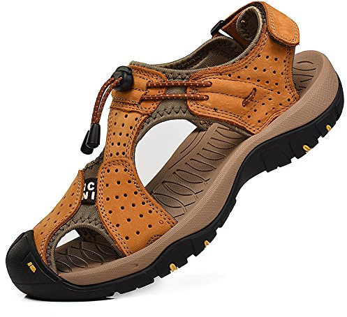 rismart Homme Bout Fermé Crochet&Boucle De plein air Randonnée Cuir Chaussures Sandales SN1505(Bronzer,44 EU)
