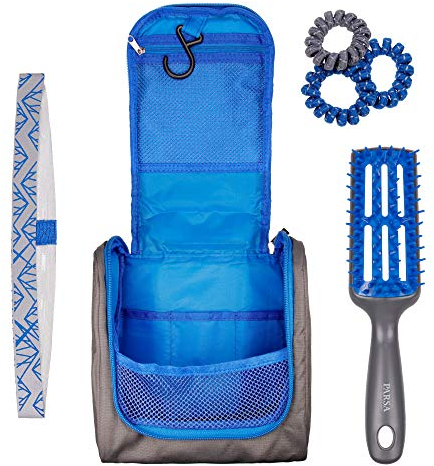 Praktisches Sport-Kulturtasche Set In Grau Blau zum Aufhängen mit Bürste, Haar-Band, Zopfgummis Von PARSA