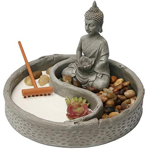 Nature's Mark Mini Kit de jardín Zen para Escritorio con Loto, Figuras de Buda, rastrillo y Rocas de río de Arena Natural, Juego de Regalo para el hogar y la Oficina, Base Redonda de 6 x 6 Pulgadas