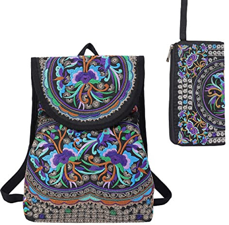 surrylake Vintage bestickte Damen-Rucksäcke, Boho-Rucksack, Geldbörse, ethnische Reise, Schultertasche für Frauen, Lila Blume mit Handgelenk, 38