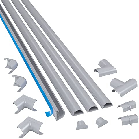 D-Line 4 Meter Mini-Kabelkanal Multipack, halbrunde Drahtabdeckungen, Kabelmanagement, selbstklebende Kabelführung – 4 x 30 mm (B) x 15 mm (H) x 1 m Länge und 12 Zubehörteile – Aluminium-Effekt