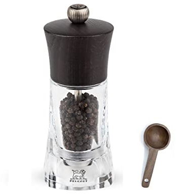Peugeot - Oleron Manual Mill Pepper Mill - Transparent Adjustable Grinder - Acrylic and Beechwood, Chocolate, 5.5 Inches - With Wooden Spice Scoop Spoon