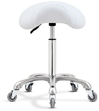 Antlu Sattelhocker Stuhl für Massage, Klinik, Spa, Salon, Schneiden, Sattelrollhocker mit Rollen, höhenverstellbar (weiß)