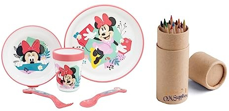 Microwave Safe Cartoon Character Non Slip Bicolor Premium Dinner Tableware Set for Children Plate, Bowl, Cup & Cutlery Set PA Free re-usable Plastic (Minnie)