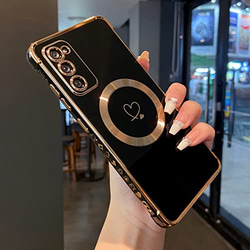 ZTOFERA Magnetische Hülle für Samsung Galaxy S20 FE 4G/5G, Kompatibel mit MagSafe Handyhülle Flexibel Weiche Silikon Schutzhülle mit Süßes Liebes Herz Muster Goldener Rand Stoßfest Cover, Schwarz