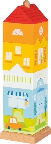 goki 58358 - Stapelturm Stadtvilla - 7 teilig aus robustem Holz - erste Puzzleversuche - buntes fröhliches Design