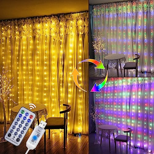 Anpro Vorhänge Lichter, 500 LED, Fernbedienung, 7 Farben, 8 Lichtmodi mit USB DC5V-Stromversorgung