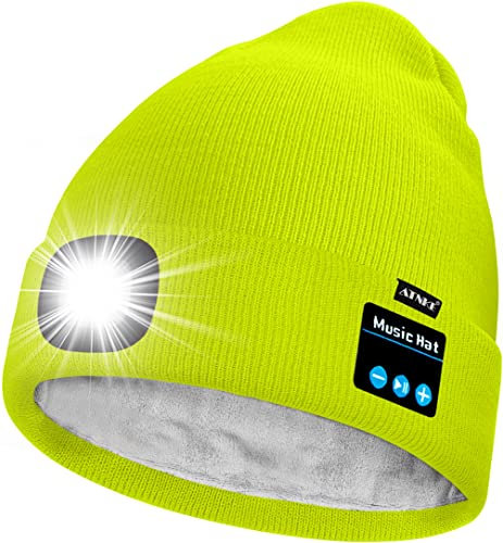 ATNKE Unisex LED Lighted Bluetooth Beanie Hat,USB Rechargeable 4 LED Running Headlamp Ultra Bright Music Speaker Cap with Head Torch Winter Warm Lined Fleece Gifts for Men and Women/Flucent Yellow
