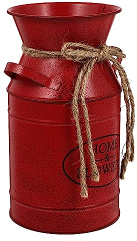 HOMSFOU Décoration D'intérieur Seau De Fleur en Étain Vintage Shabby Chic Vase en Métal Style Campagnard Français Pot De Fleur Fer Lait Peut Ferme Rustique Pot Rouge Décorations Blanches