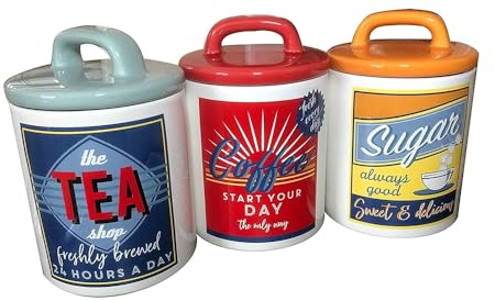 BML 3 x Retro 50's / 60's Multi Color Classic Ceramic Tea Coffee Sugar Canister Jar Set for Kitchen Counter Multi-Purpose Kitchen Storage Organizer