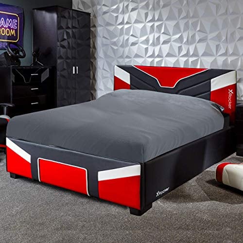 X-Rocker Cerberus MKII 4ft6 Double, Gaming Upholstered Bed Frame - Flat-pack for Easy Assembly, Breathable Comfort, Wooden Slats, Wipe-Clean Faux Leather for Kids & Teens - Red - 135x190cm