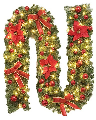 Weihnachtsgirlande Aussen Innen Girlande Weihnachten Deko Künstliche Tannengirlande Weihnachtsdeko mit Beleuchtung 2.7m Weihnachtskranz Adventskranz für Treppen Kamin Haustür Christmas Garland