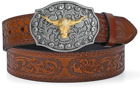LEACOOLKEY Western Cowboy Gürtel für Herren Longhorn Bull Schnalle Gürtel 3,8 cm breit Floral Gravur geprägter Ledergürtel, B-braun, Fit Waist Size 39-42