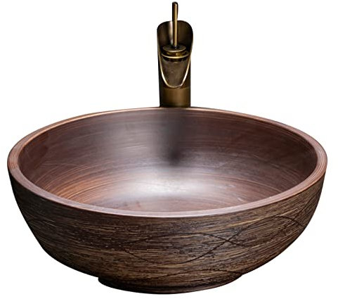 BONOOL Vintage-Waschbecken, rundes Badezimmer, künstlerische Porzellan-Schüssel mit Wasserhahn-Pop-Up-Abfluss, braun über Theken-Waschtisch-Waschtisch-Kunstbecken