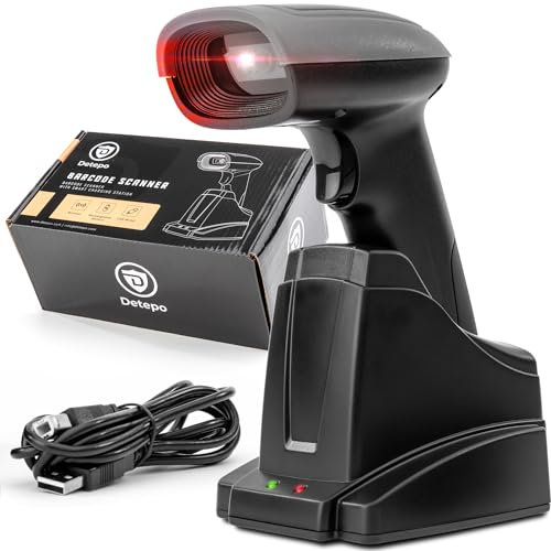 Detepo Wireless Barcode und QR-Scanner | USB-Eingang & Bluetooth | 3 Betriebsmodi | Smart Base | Ergonomisches Design | 1500mAh aufladbarer Lithium-Akku | Bis zu 70m Signal-Empfang (DB105) (DB103)