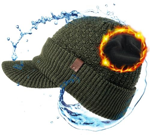 TOP-EX Wintermütze Herren Strick Schirmmütze aus 50% Merinowolle wasserdicht Winddicht Beanie mit Schirm warm gefütterte Fleece Kopfbedeckung gestrickte Mütze kaltes Wetter Grün XL/XXL