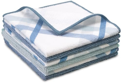 S&T INC. Geschirrtücher zum Geschirrspülen, Mikrofaser-Reinigungstuch für Zuhause, blau/kariert, 30,5 x 30,5 cm, 6 Stück enthält 3 x Geschirrschrubber, 3 x feste Tücher