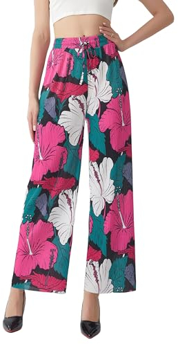 X-KEEP Damen Hose High Waist, Palazzo Hose,Sommer Hose mit weitem Bein,Plissee Hose,Boho, Leicht,mit elastischem Bund (S-M, Weiss)