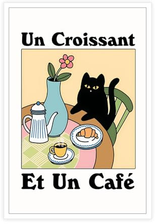 TRLZHOA Poster im Retro-Stil, französisches Café, Croissant, schwarze Katze, Espresso, Koffein, Getränke, Kunst, einzigartig, niedlich, Haustier, Kätzchen, Tierblumen, Vase, Cartoon-Drucke für