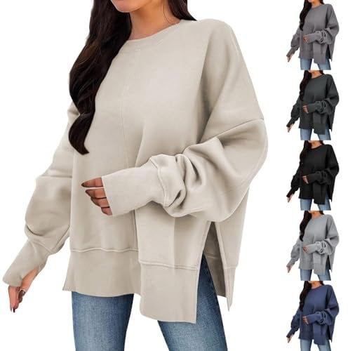 Women's Casual Pullover UK Sale Clearance Ladies Plain Oversized Sweatshirts Crewneck Jumpers Long Sleeve Tops Side Split Sweatshirt with Thumb Holes Baggy Sweaters Loose Blouse Lightweight Jumper